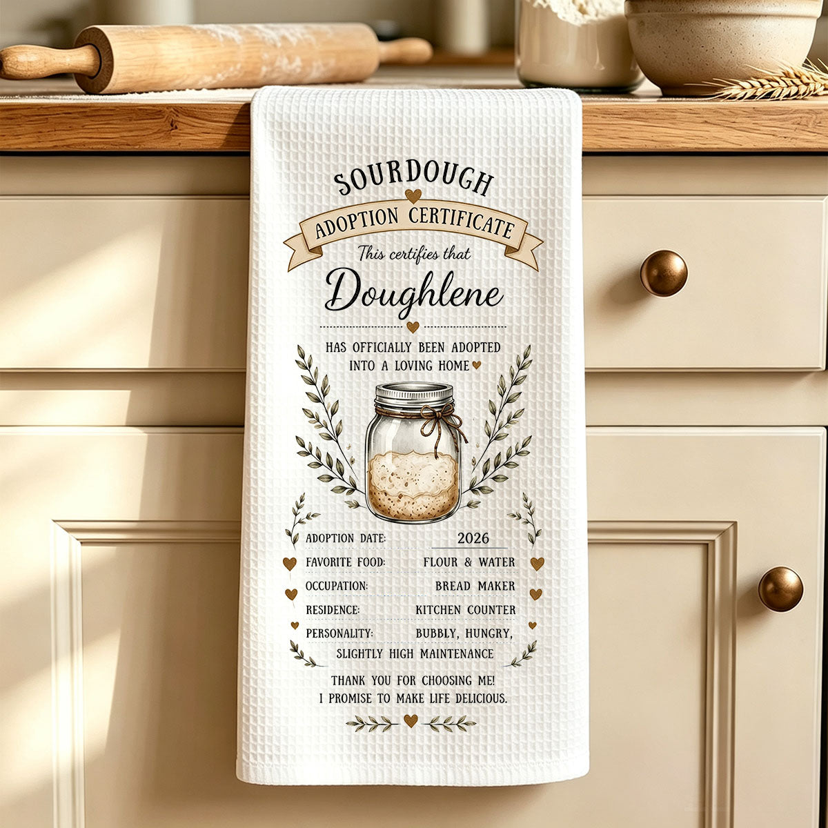 Custom Sourdough Adoption Certificate Kitchen Towel – Personalized Baking Gift For Bread Lovers
