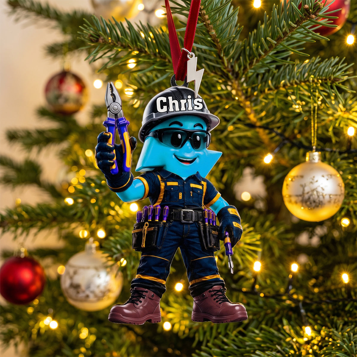 Personalized Electrician Cartoon Acrylic Ornament - Custom Name Cool Worker Mascot With Tools Hanging Charm, Gift For Electrician