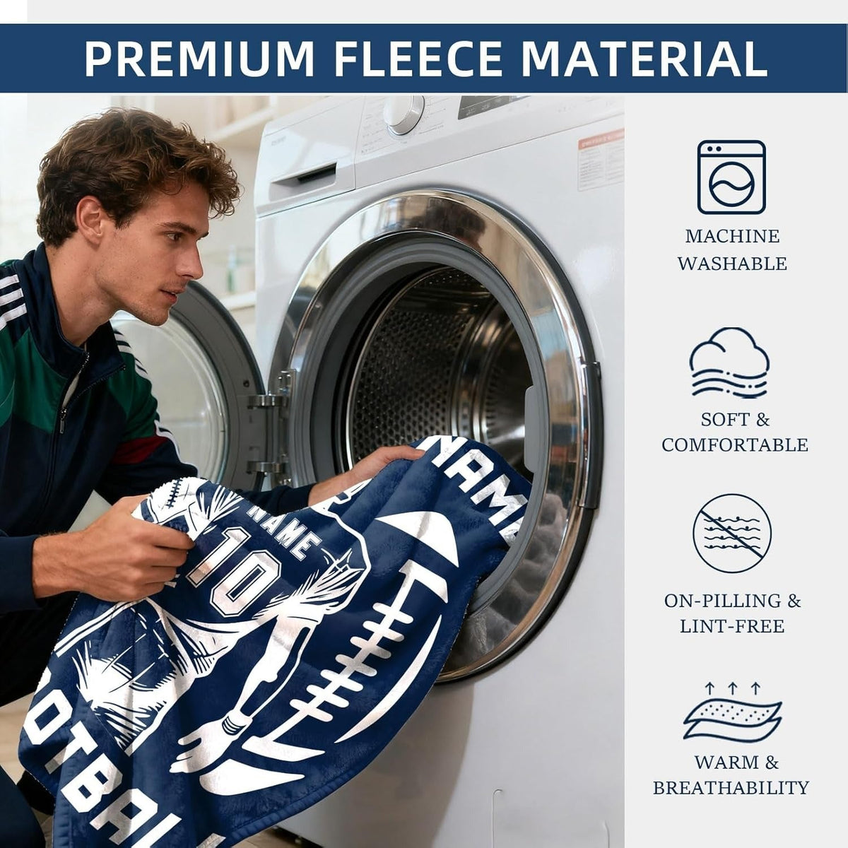 Personalized Football Blanket with Name Jersey Number, Custom Football Throw Blanket