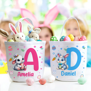 Personalized Cute Bunny Flower Canvas Easter Basket with Name and Initial Egg Hunting Accessories Easter Gift for Boys Girls