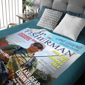 Personalized Lake Fishing Magazine Cover Blanket, Custom Gift for Fishing Dad, Husband or Him