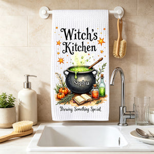 Personalized "Witch's Kitchen" Halloween Kitchen Towel – Brewing Something Special | Fall Witch Decor & Spooky Cauldron Tea Towel