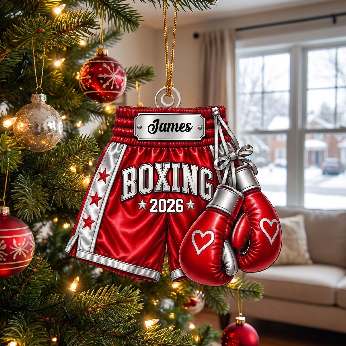 Personalized Boxing Gloves & Shorts Christmas Ornament 2026 – Custom Name Acrylic Keepsake | Gift For Boxers & Coaches