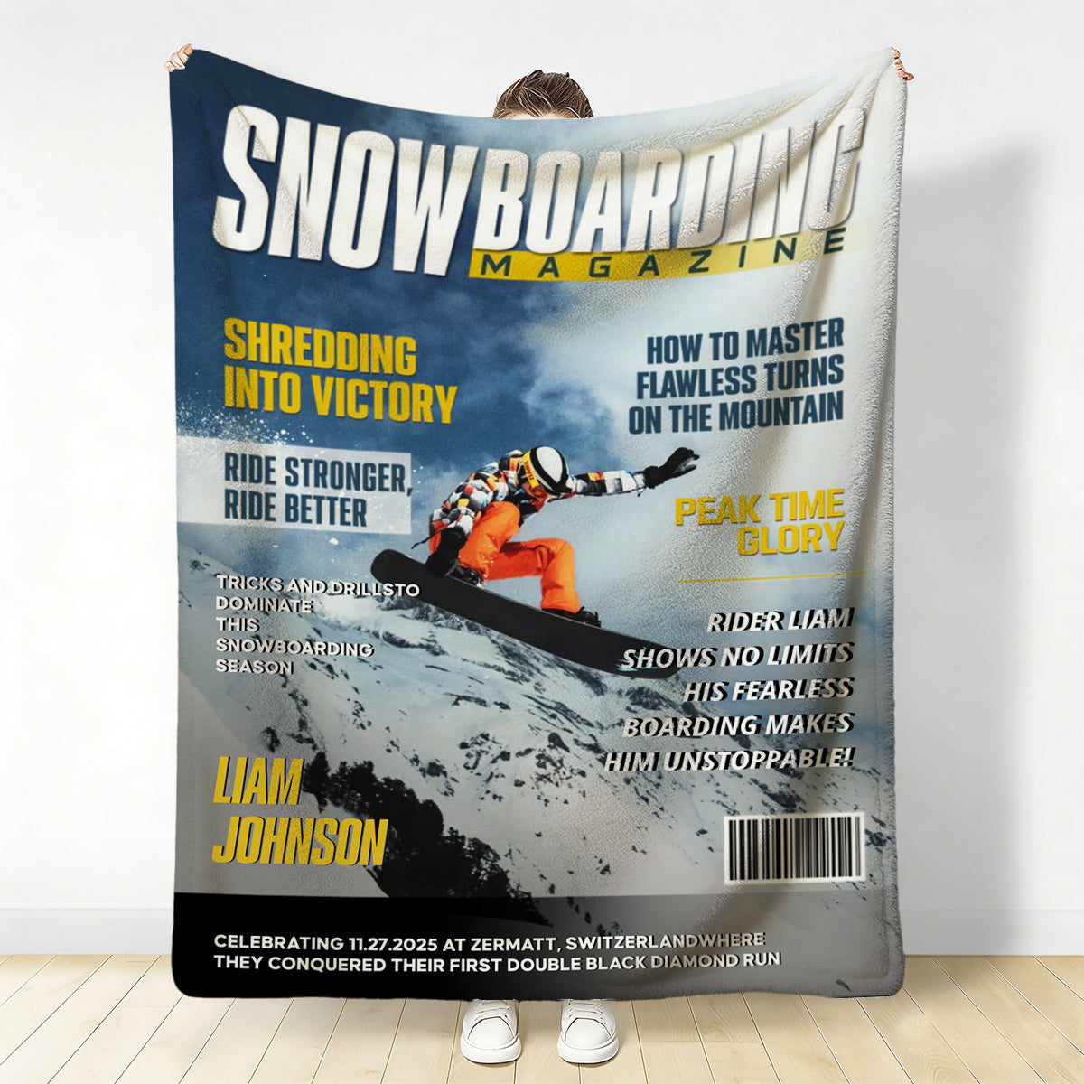 Personalized Snowboarding Magazine Cover Blanket, Snowboarding Player Gift, Unique Gifts For Snowboarding Lover