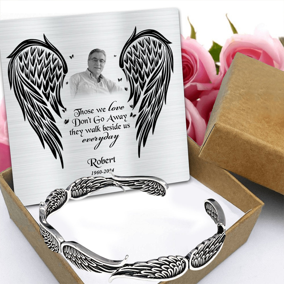 Angel Wings Vintage Style Bracelet with Personalized Memorial Photo Metal Card