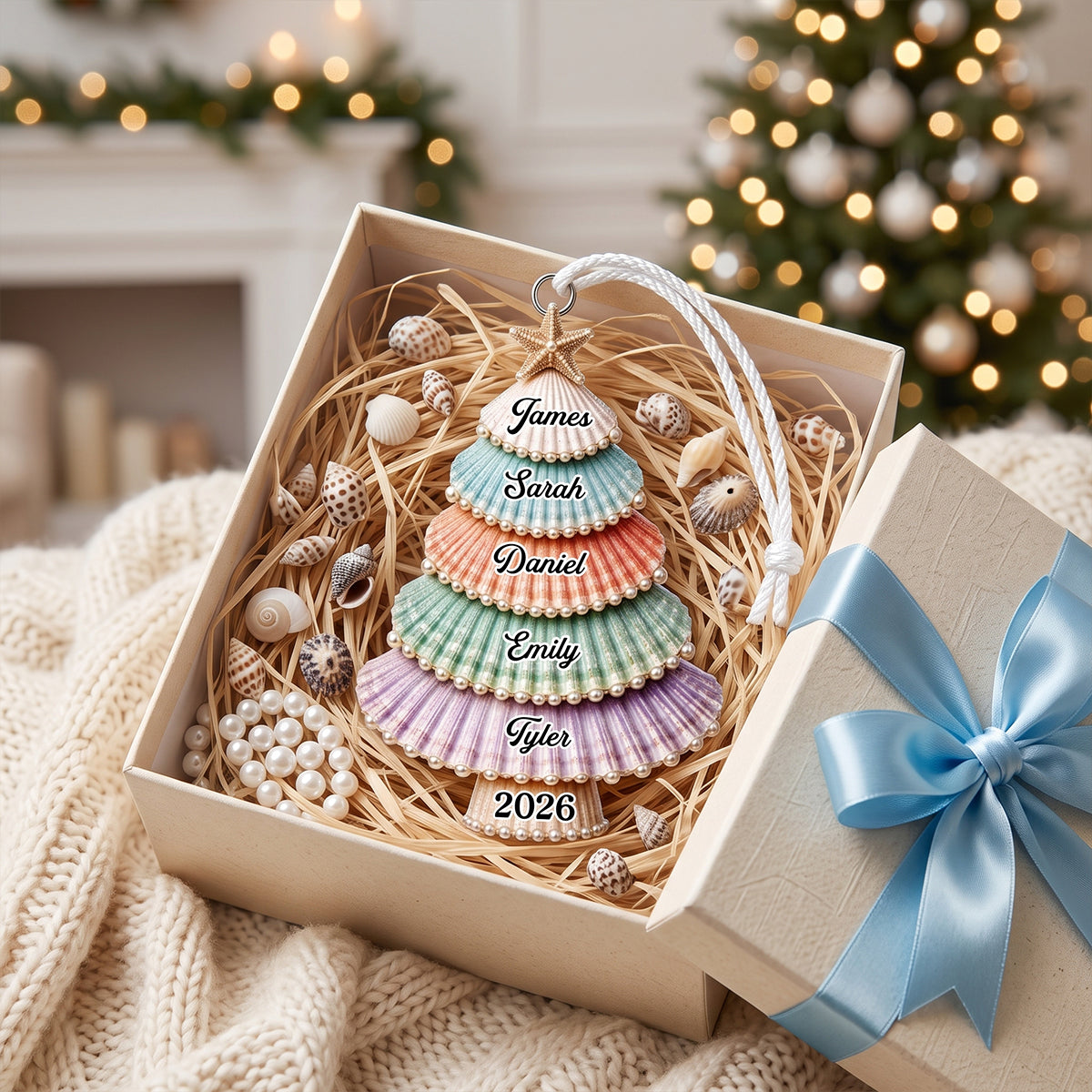 "Gathered With Grateful Hearts" – Custom Shell Acrylic Ornament | Personalized Christmas & Birthday Gift For Family