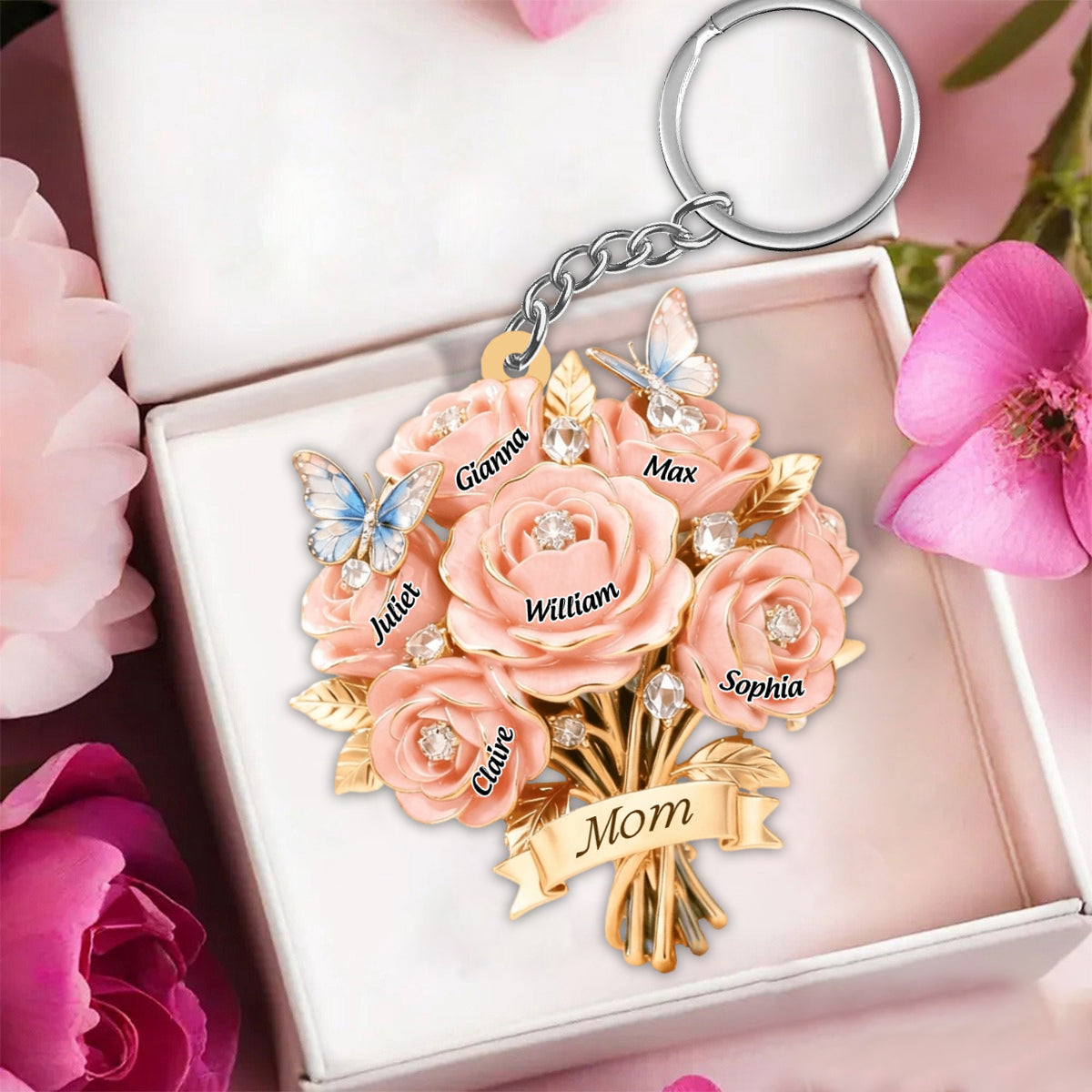 I Love You Mom - Personalized Mother Grandma Bouquet Shaped Keychain