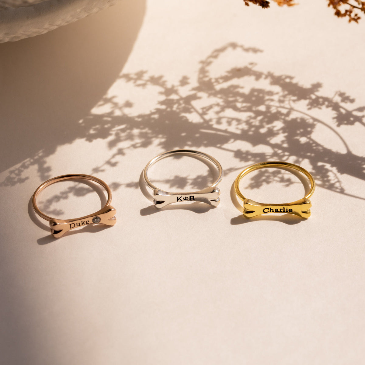 Personalized Dog Bone Charm Ring Pet Name Memorial Ring with Dainty Gemstone