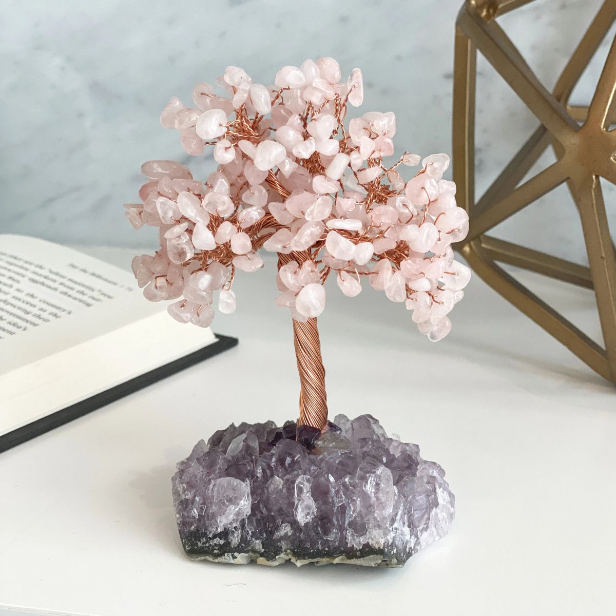 Crystal Tree Rose Quartz Tree Of Life with Amethyst Base - Amethyst Tree, Rose Quartz Tree