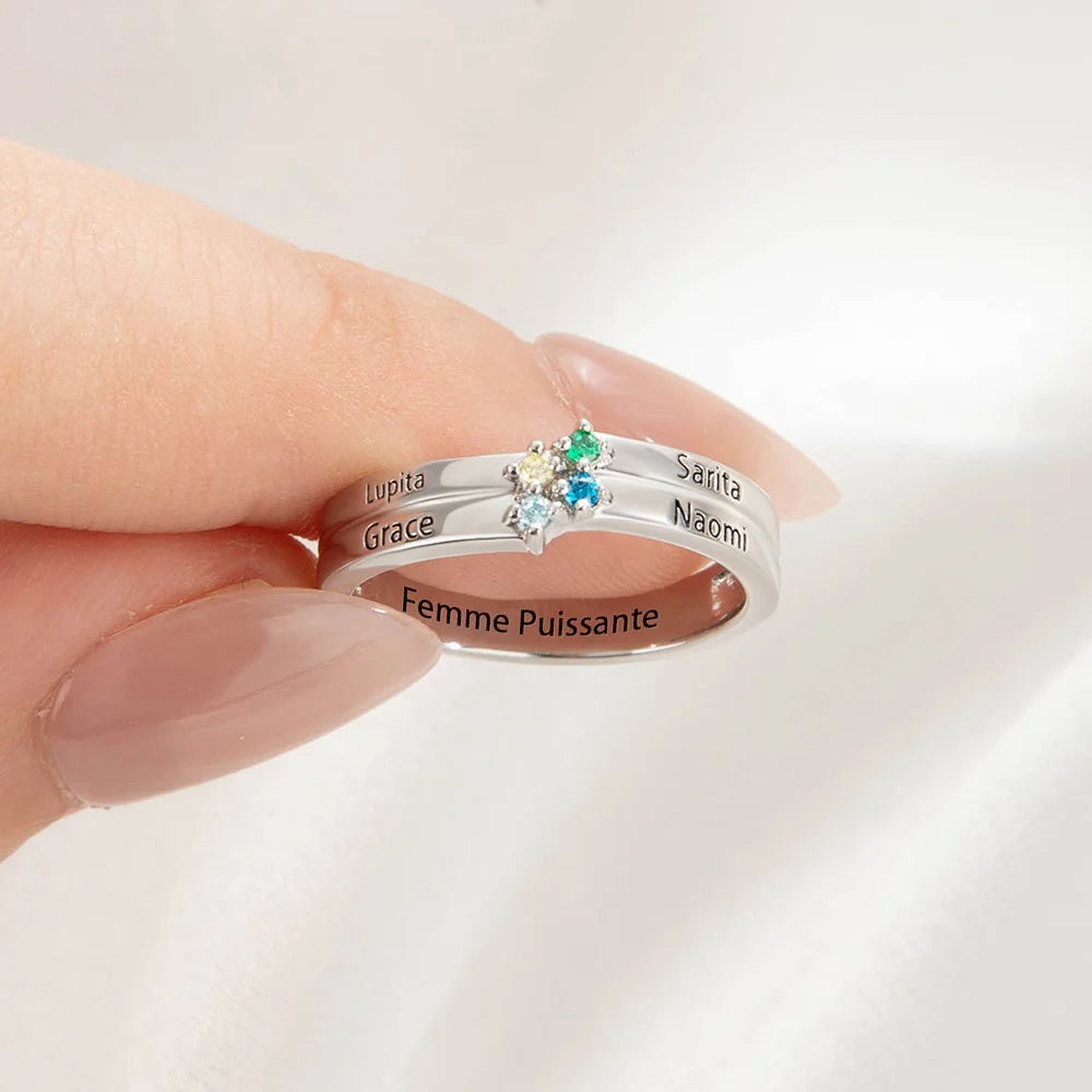 Family Birthstone Personalized 1-8 Names Engraving Ring, Mothers Ring