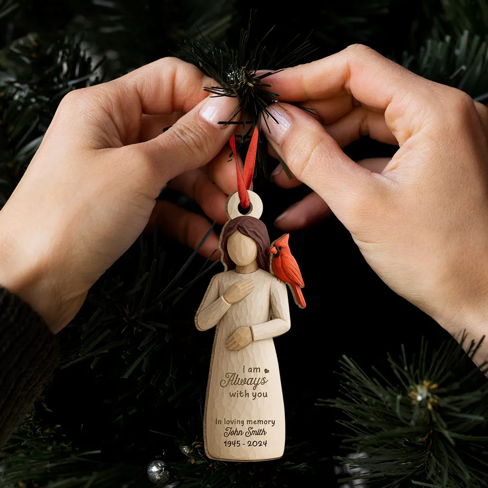 Always With You Cardinal & Woman Personalized Wooden Ornament, Memorial Sympathy Gift
