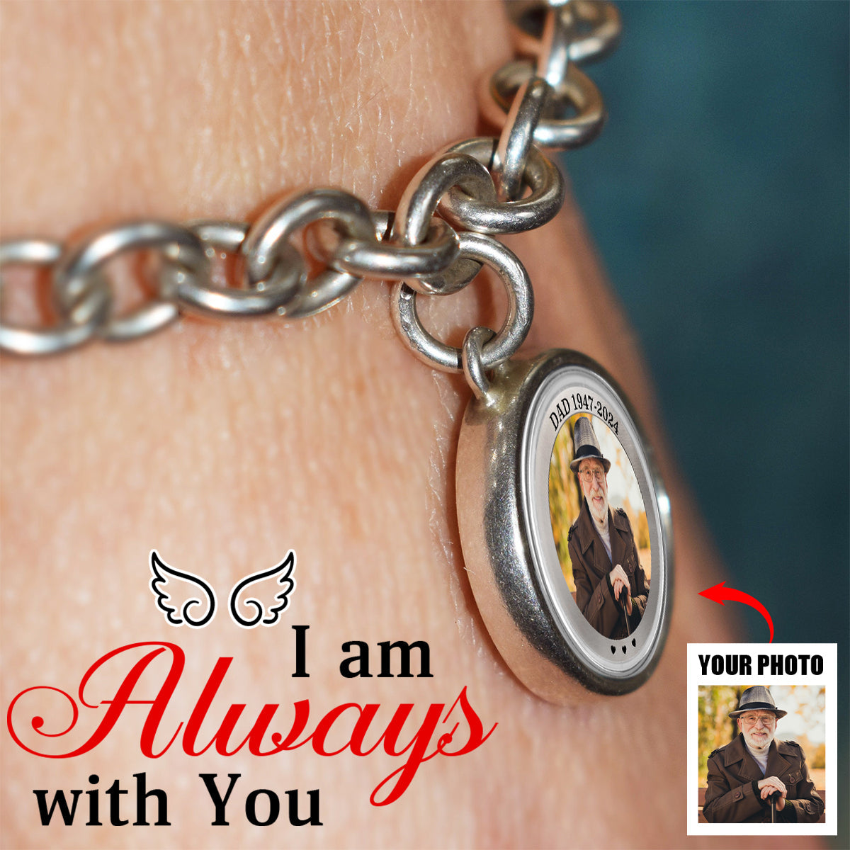 I'm Always With You - Memorial Personalized Photo Charm Bracelet