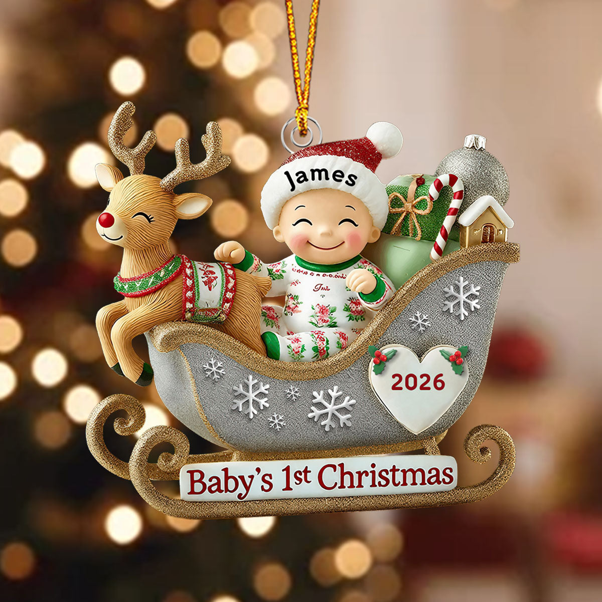 Baby’s 1st Christmas Acrylic Ornament – Adorable Reindeer Sleigh Design, Perfect Gift for Newborn Celebration