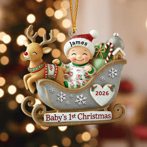 Baby’s 1st Christmas Acrylic Ornament – Adorable Reindeer Sleigh Design, Perfect Gift for Newborn Celebration