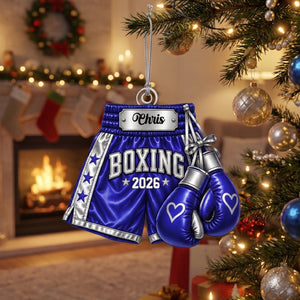 Personalized Boxing Gloves & Shorts Christmas Ornament 2026 – Custom Name Acrylic Keepsake | Gift For Boxers & Coaches