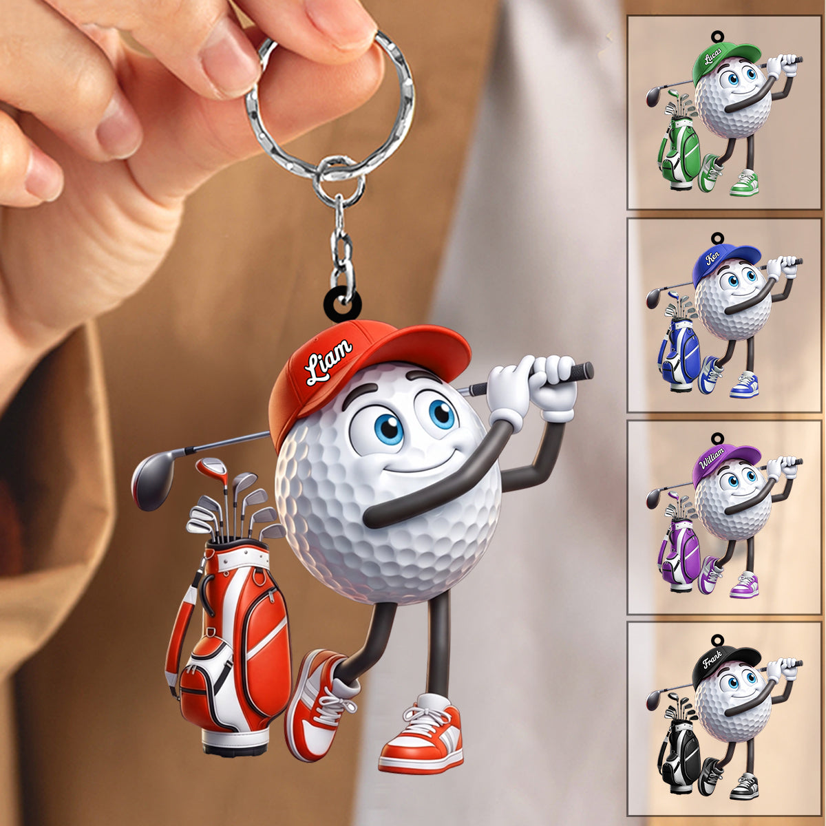 Golf Swing Motion Personalized Cute Golf Ball Mascot Keychain Gift For Golf Lovers