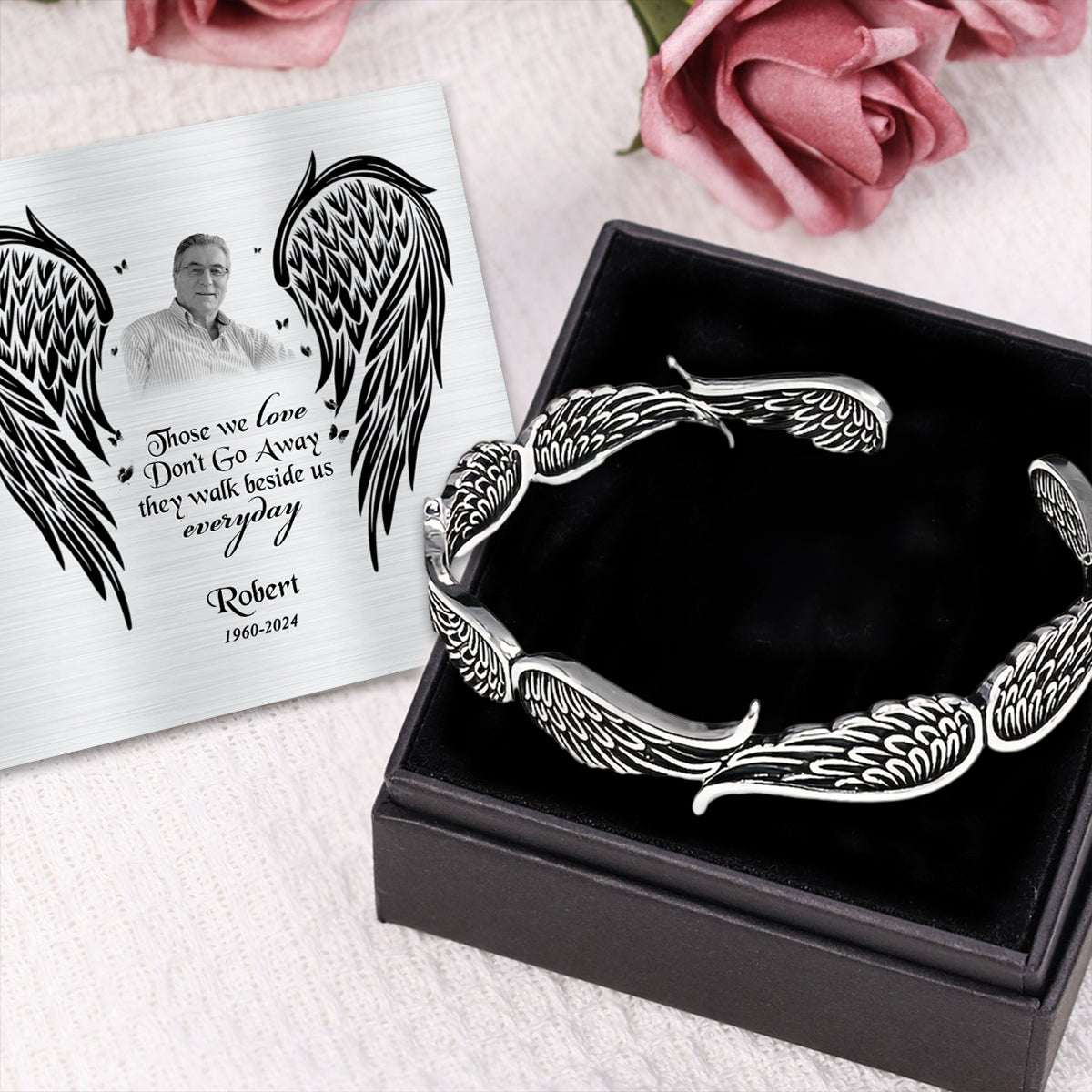Angel Wings Vintage Style Bracelet with Personalized Memorial Photo Metal Card