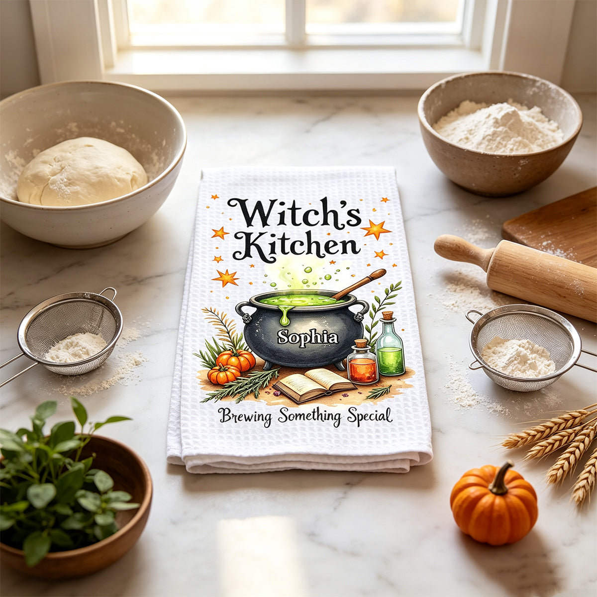 Personalized "Witch's Kitchen" Halloween Kitchen Towel – Brewing Something Special | Fall Witch Decor & Spooky Cauldron Tea Towel