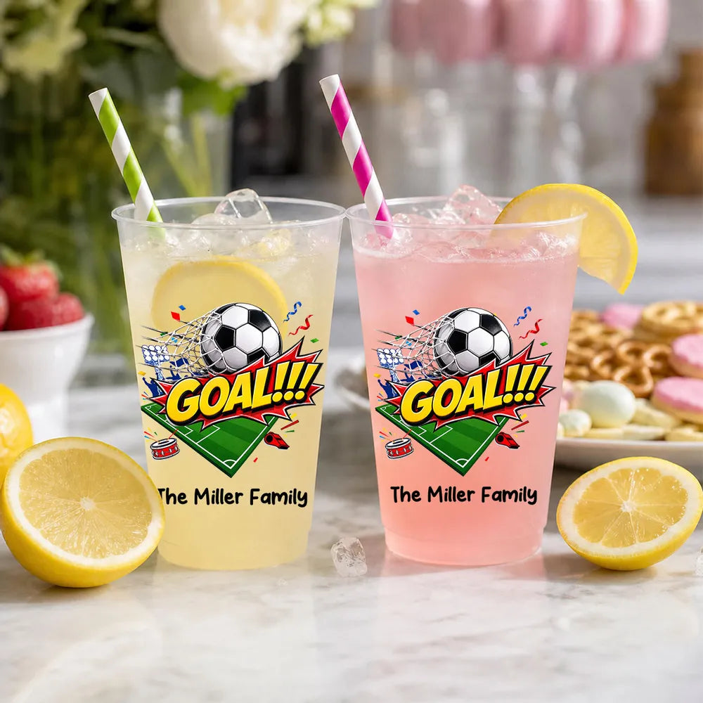 Personalized Frosted Plastic Cup, Soccer Goal Design for Backyard Cookouts, Unique Gift for Sports Fans