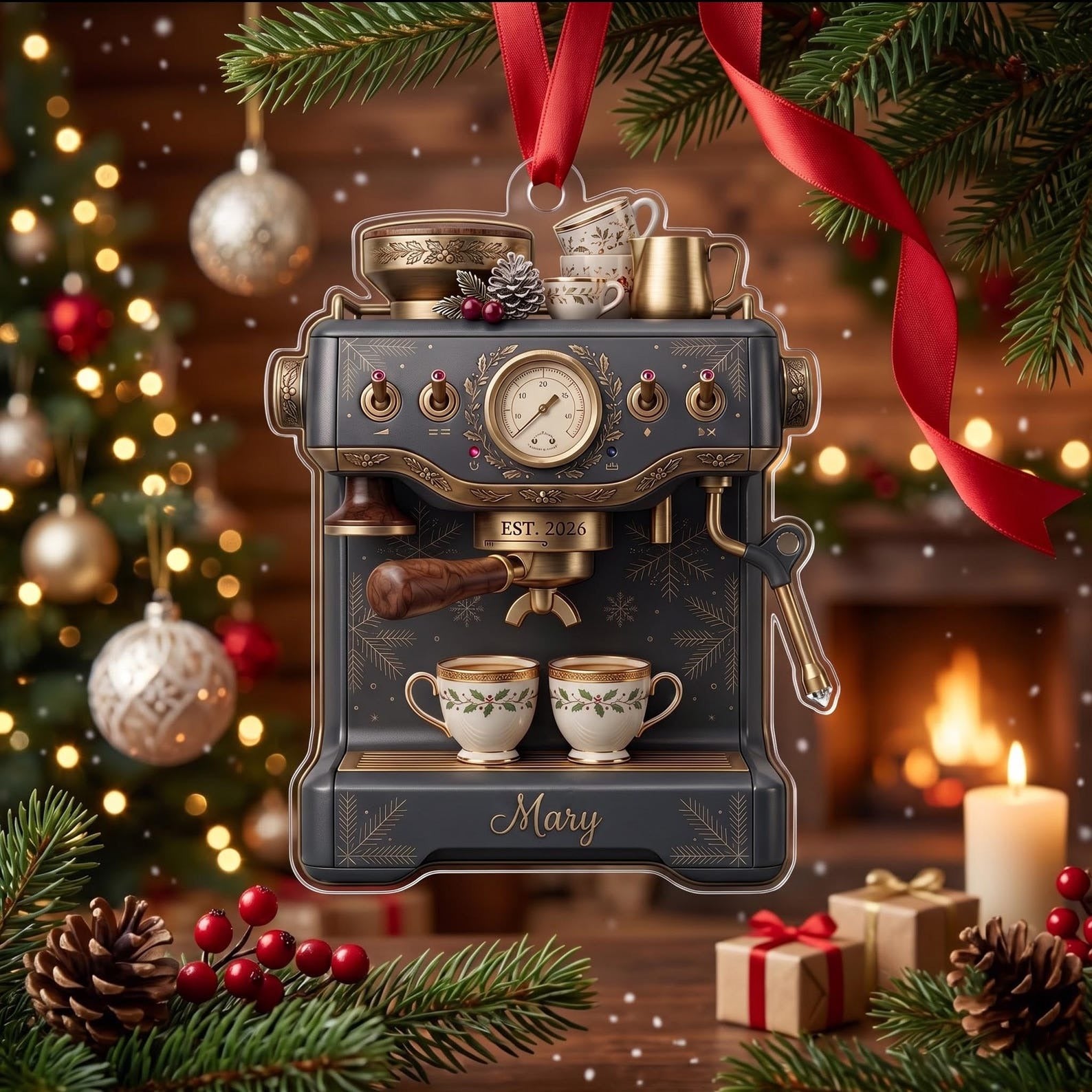 Personalized Espresso Machine Christmas Ornament, Vintage Coffee Lover Gift, Barista Decor
