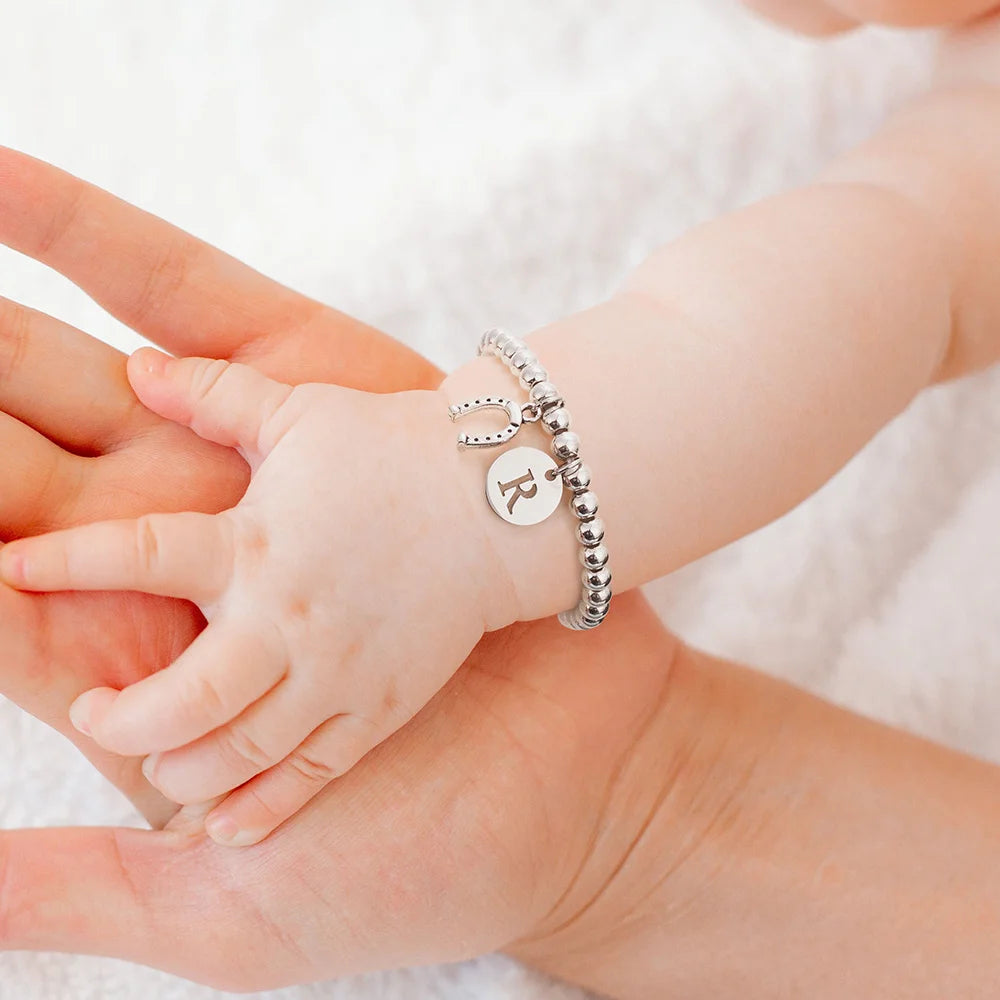 Personalized Lucky Horseshoe Elastic Bead Bracelet with Initial Birthday Baptism Gift for Kids