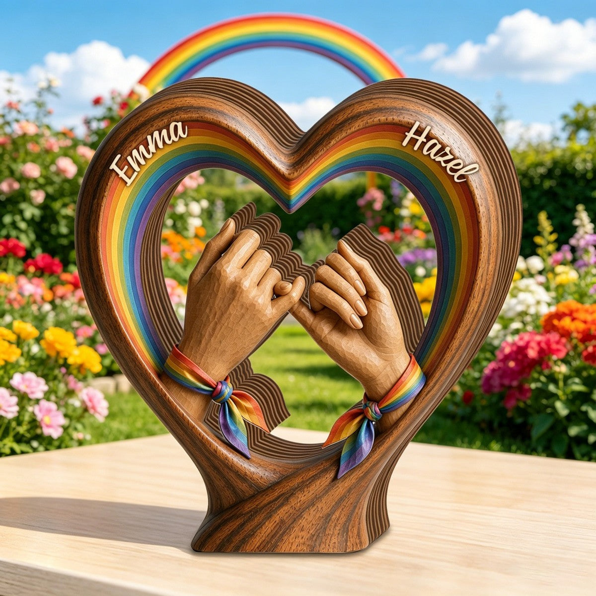 Rainbow Hand Holding - Personalized LGBTQ Wooden Heart Plaque