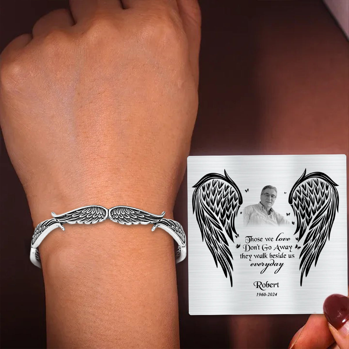 Angel Wings Vintage Style Bracelet with Personalized Memorial Photo Metal Card