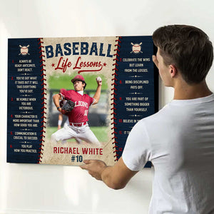 Baseball Life Lessons Canvas, Personalized Baseball Wall Art, Custom Player Name & Number