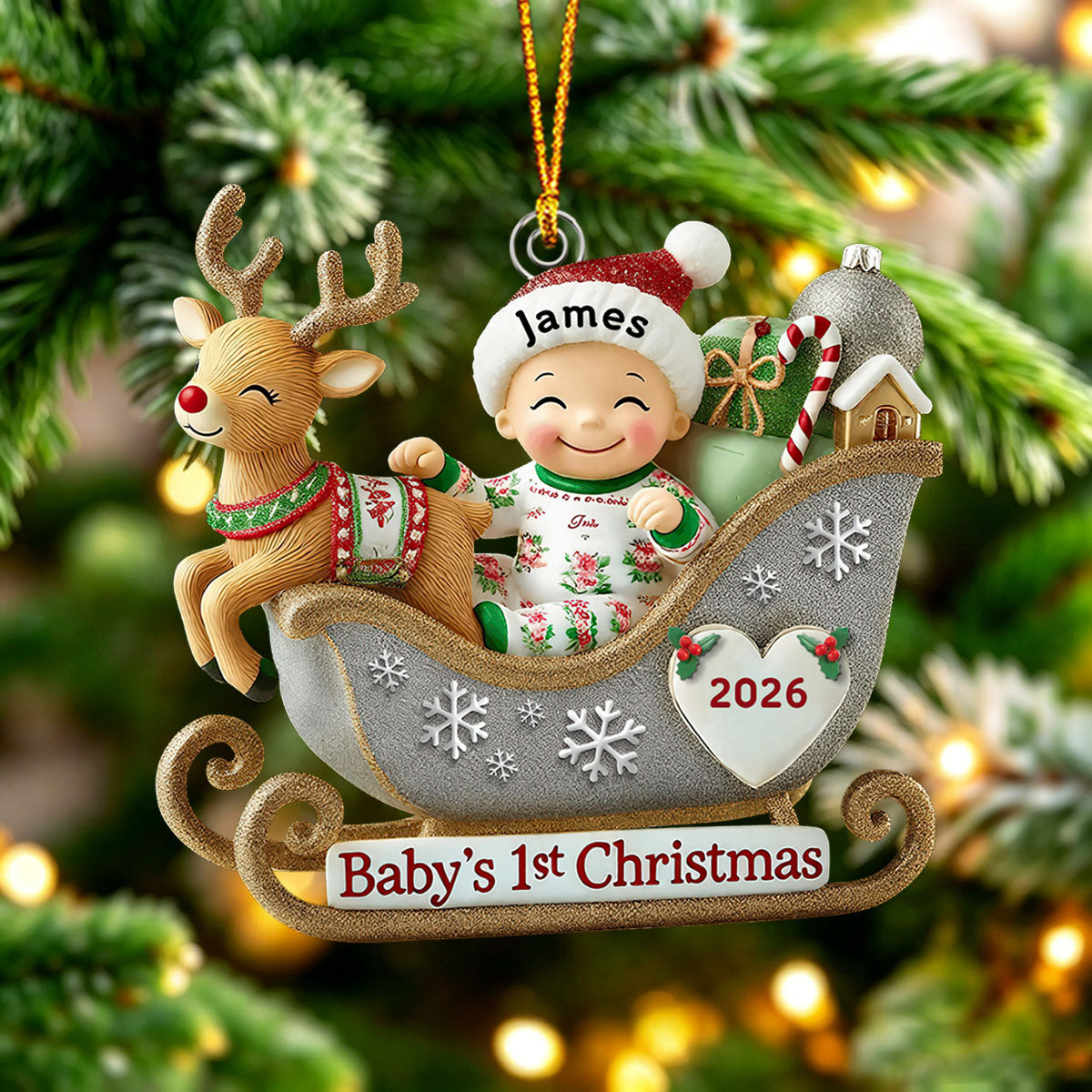Baby’s 1st Christmas Acrylic Ornament – Adorable Reindeer Sleigh Design, Perfect Gift for Newborn Celebration