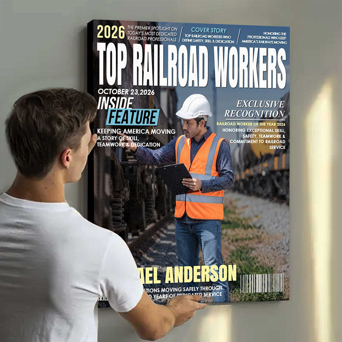 Personalized Railroad Worker Magazine Cover Canvas – Custom Name & Photo Recognition Gift | Railroad Employee Appreciation Keepsake