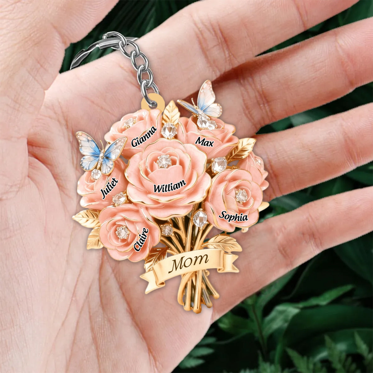 I Love You Mom - Personalized Mother Grandma Bouquet Shaped Keychain