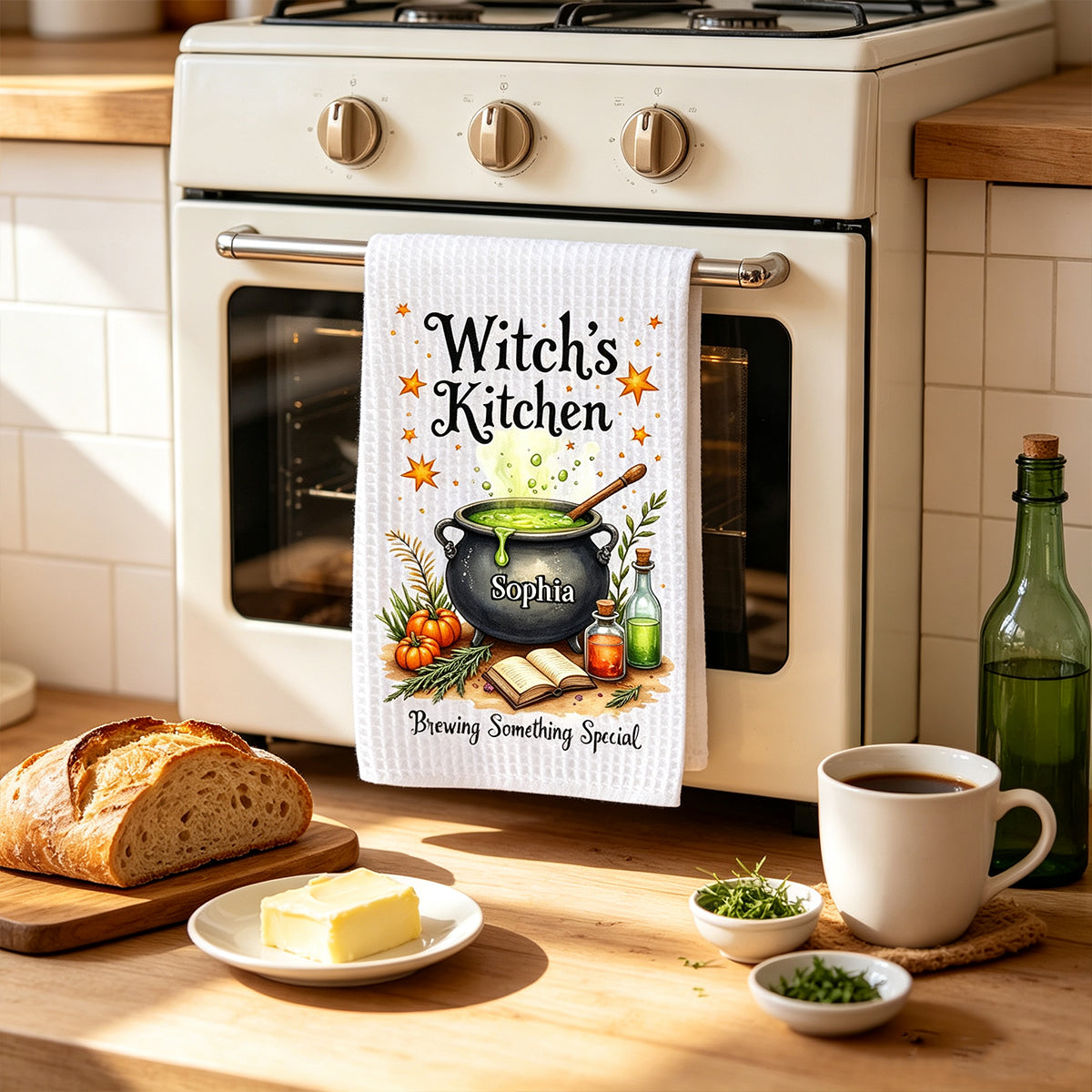 Personalized "Witch's Kitchen" Halloween Kitchen Towel – Brewing Something Special | Fall Witch Decor & Spooky Cauldron Tea Towel