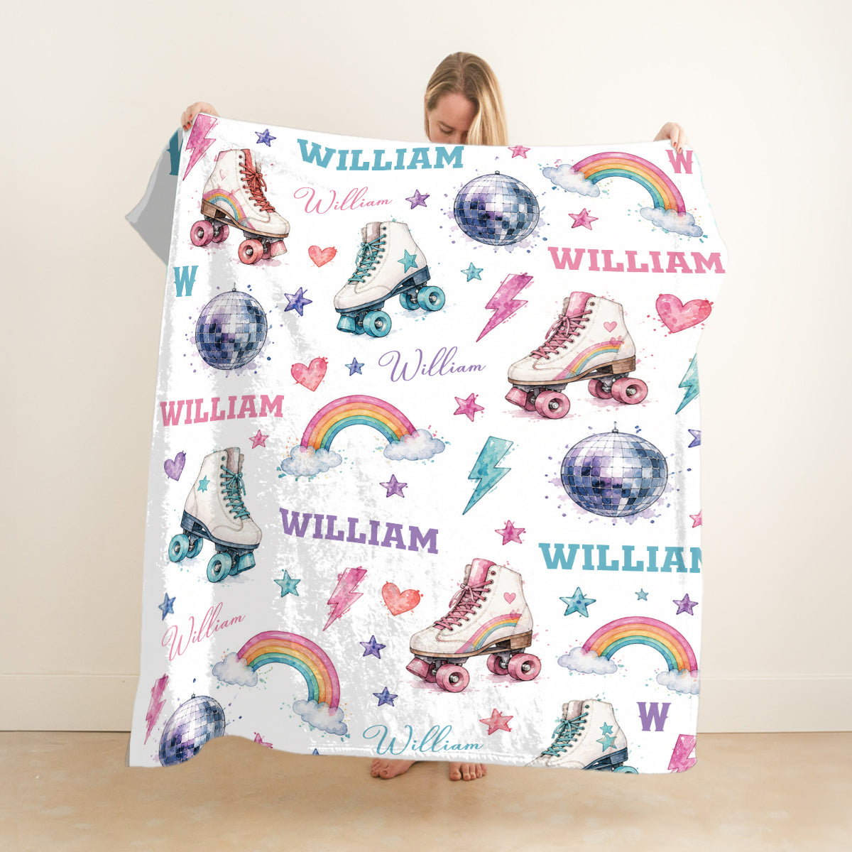 Personalized Roller Skate Blanket, Custom Name Roller Disco Throw Blanket, Retro Rainbow & Disco Ball Kids Blanket, Girl Bedroom Decor, Skate Gift