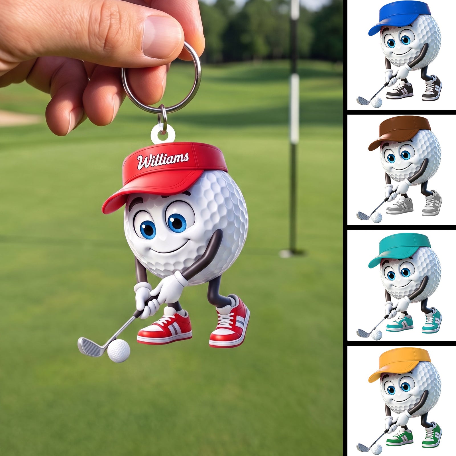 Personalized Smiling Golf Ball Mascot Keychain – Red Hat & Sneakers Golf Swing Character Accessory