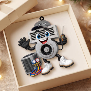 Friendly HVAC Air Vent Blower Mascot Waving Hand Ornament – Personalized Heating & Cooling Tech Gift