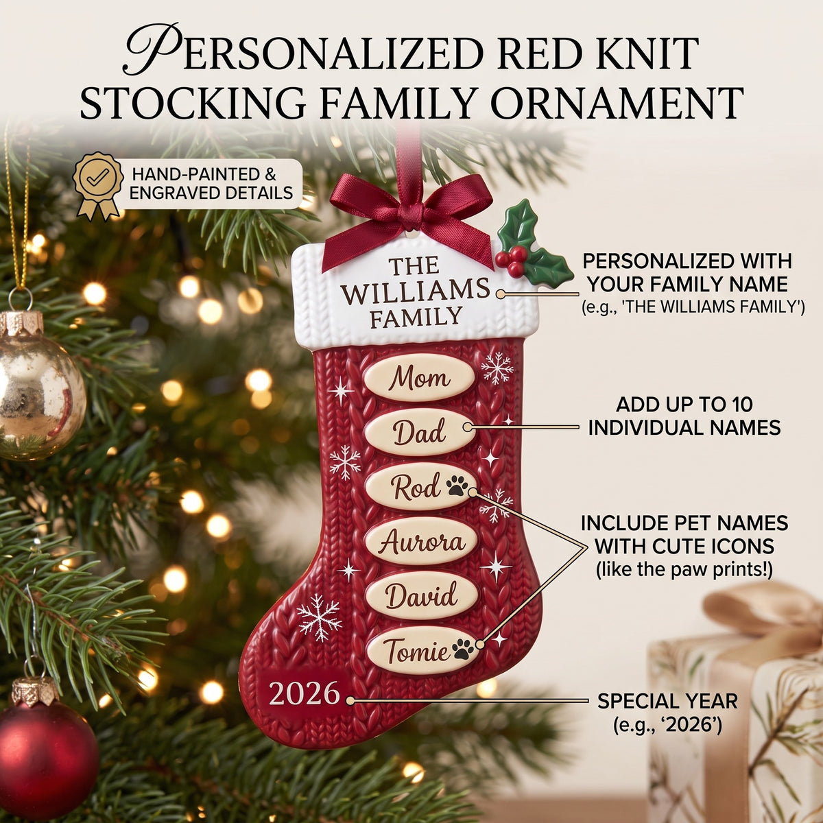 Personalized Red Knit Stocking Family Ornament – Custom Family Name, Year & 10 Names | Acrylic Custom Shape Keepsake