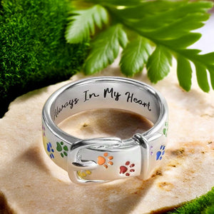 Always In My Heart, Colorful Paw Print Dog Collar-Shaped Ring