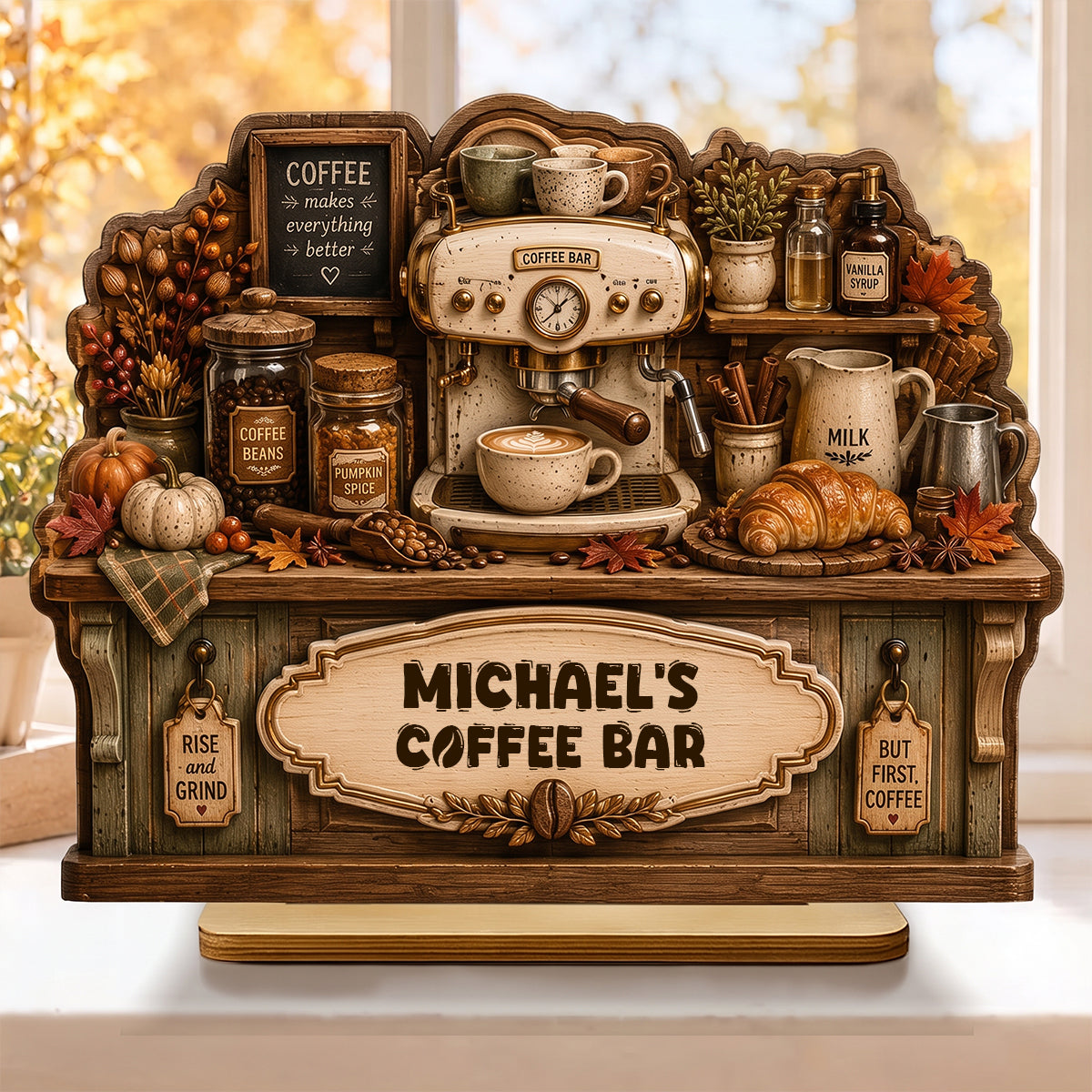 Personalized Fall Coffee Bar — Counter Shape Wooden Plaque