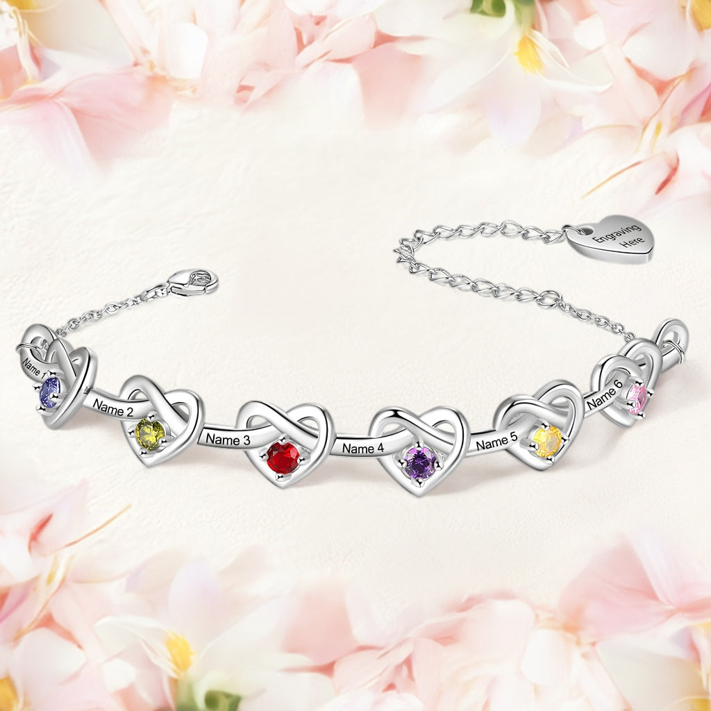Personalized Linked Heart Bracelet With Birthstones Engraved Name