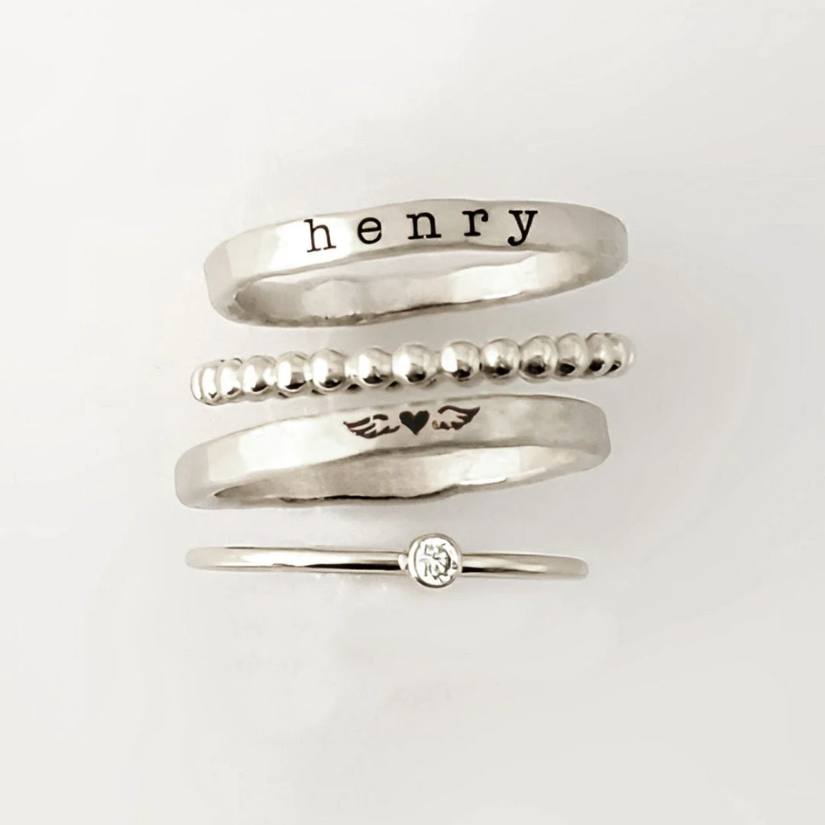 For Memorial - Angel Wing Personalized Birthstone Name Stacked Ring - 4 Rings Set