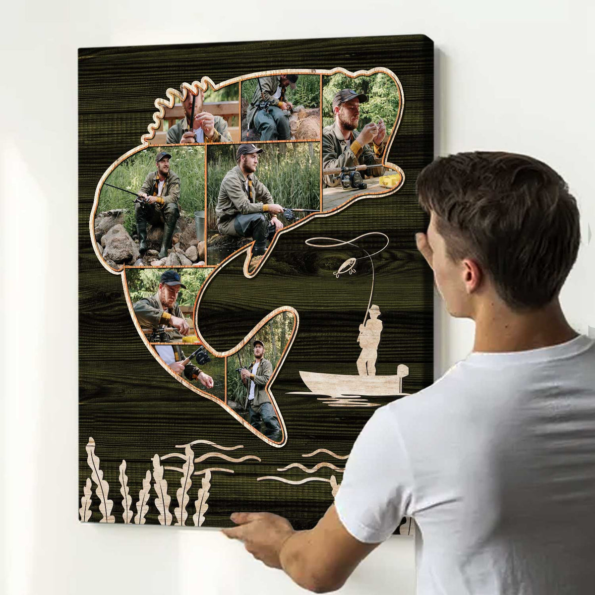 Bass Fishing Gifts, Custom Bass Fish Shape Wall Art, Fishing Collage Canvas, Fishing Gift for Dad,Gifts For Fisherman