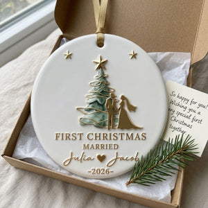 Personalized First Christmas Married Bride And Groom Ceramic Ornament - Custom Couple Names Keepsake Gift