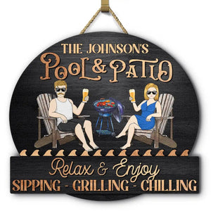 Couple Pool & Patio Sipping Chilling - Personalized Custom Shaped Wood Sign