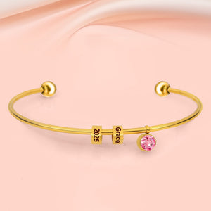Personalized Engravable Bead Name Cuff Bracelet With Birthstone