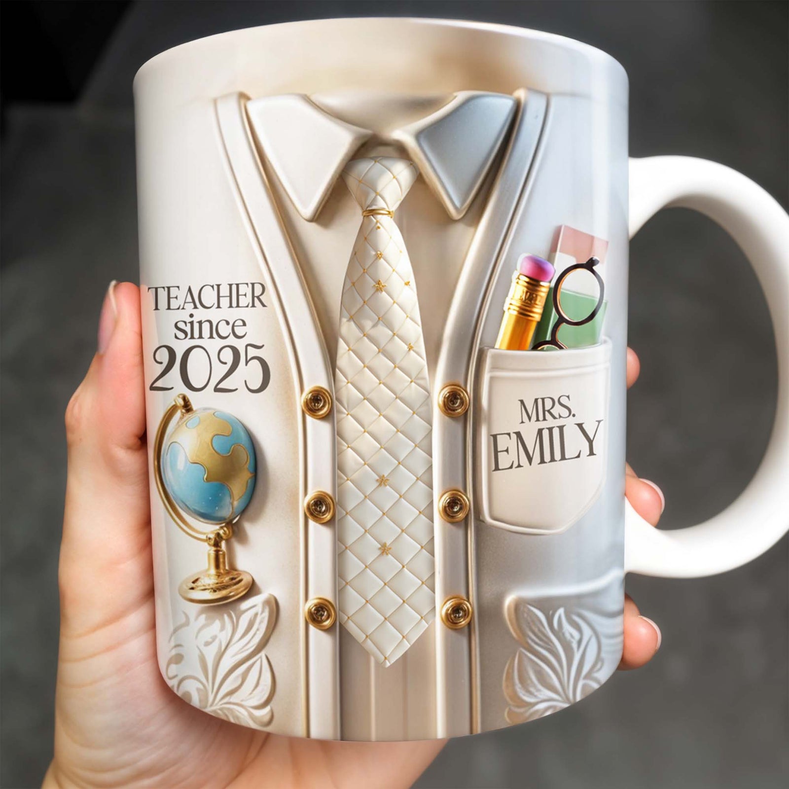 Teacher Since 2025 Featuring Tie, Globe, and Pocket, Personalized Coffee Mug, Gift For Teachers