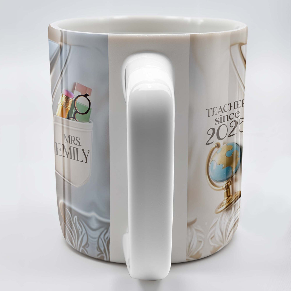 Teacher Since 2025 Featuring Tie, Globe, and Pocket, Personalized Coffee Mug, Gift For Teachers