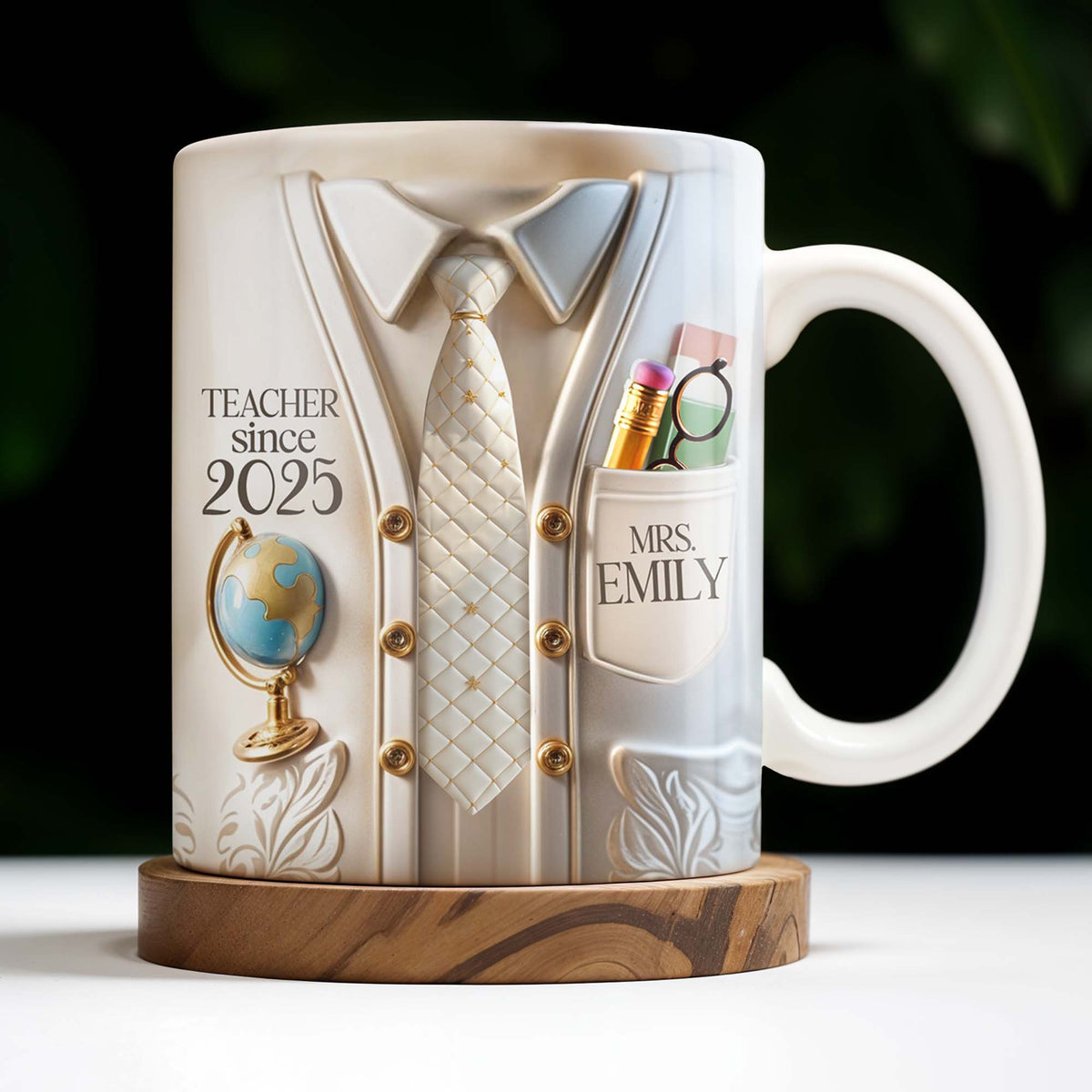 Teacher Since 2025 Featuring Tie, Globe, and Pocket, Personalized Coffee Mug, Gift For Teachers