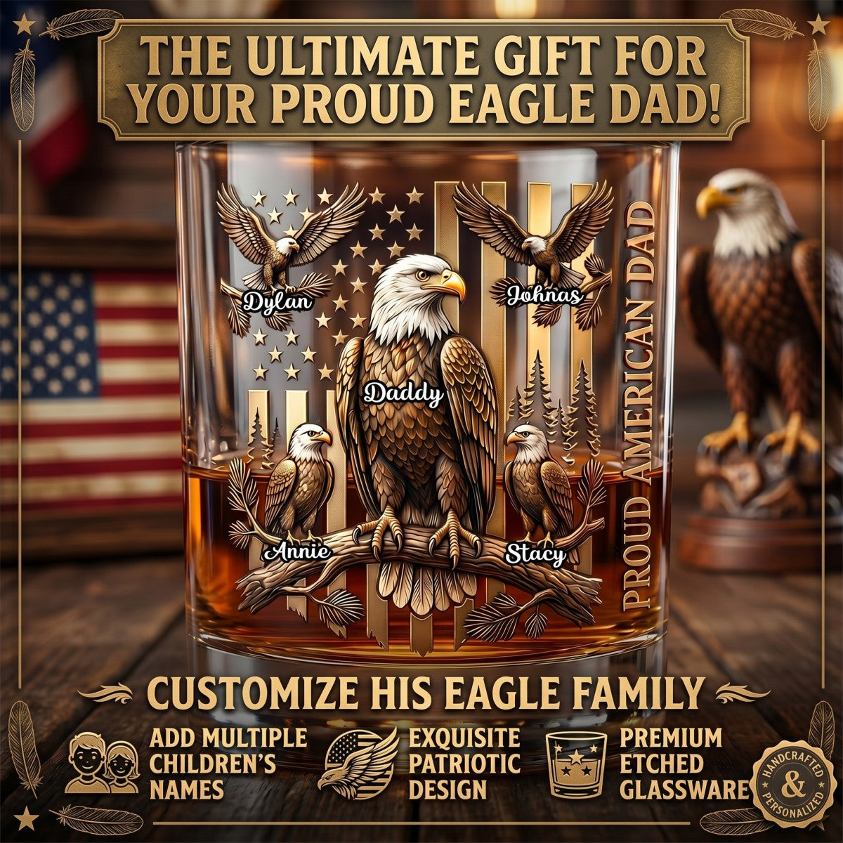 Gift For Dad – Personalized "Proud Eagle Dad" Round Glass