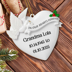 In Our Hearts Forever Heart and Dove Ornament, Custom Wood Ornament, Gift for Family