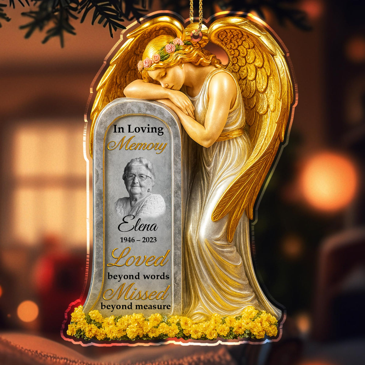 Loved Beyond Words Angel And Flowers Ornament Personalized Memorial Acrylic Ornament